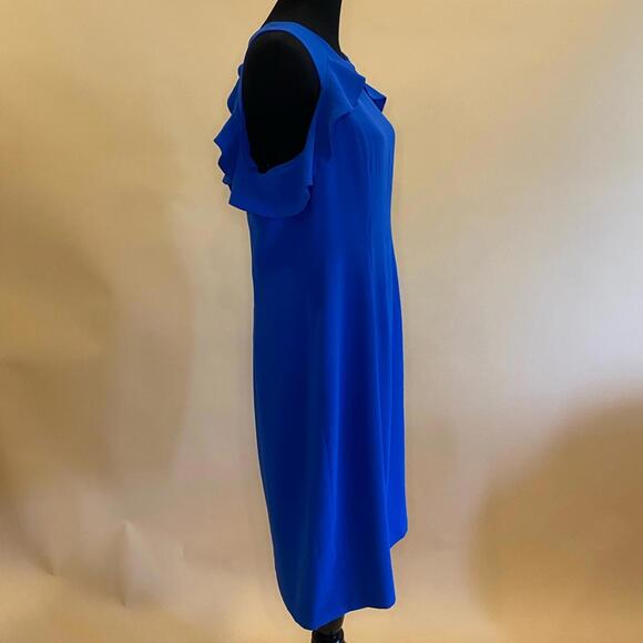 Maggy London Royal Blue Cold Shoulder Ruffle Sheath Midi Dress Size 16 - Picture 6 of 8